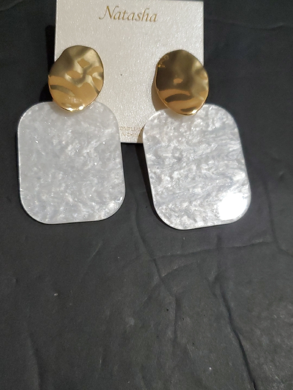 Natasha couture oversized ivory resin rectangle and gold tone disc drop earrings